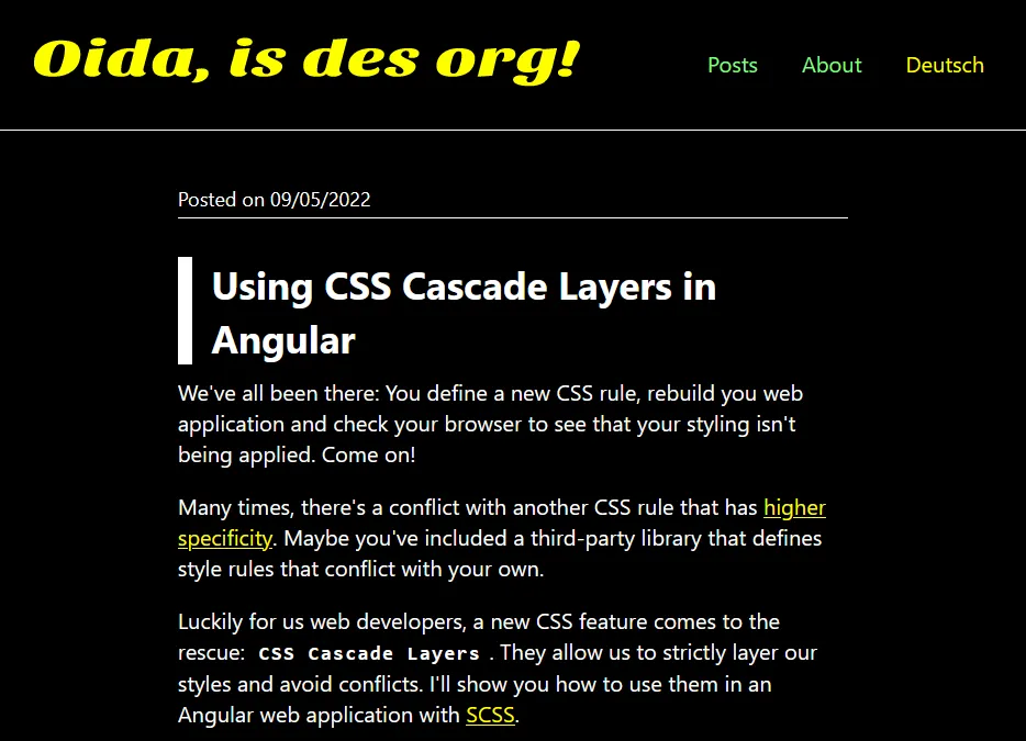 Eine Unterseite von 'Oida, is des org' mit aktivem Forced Colors Modus.