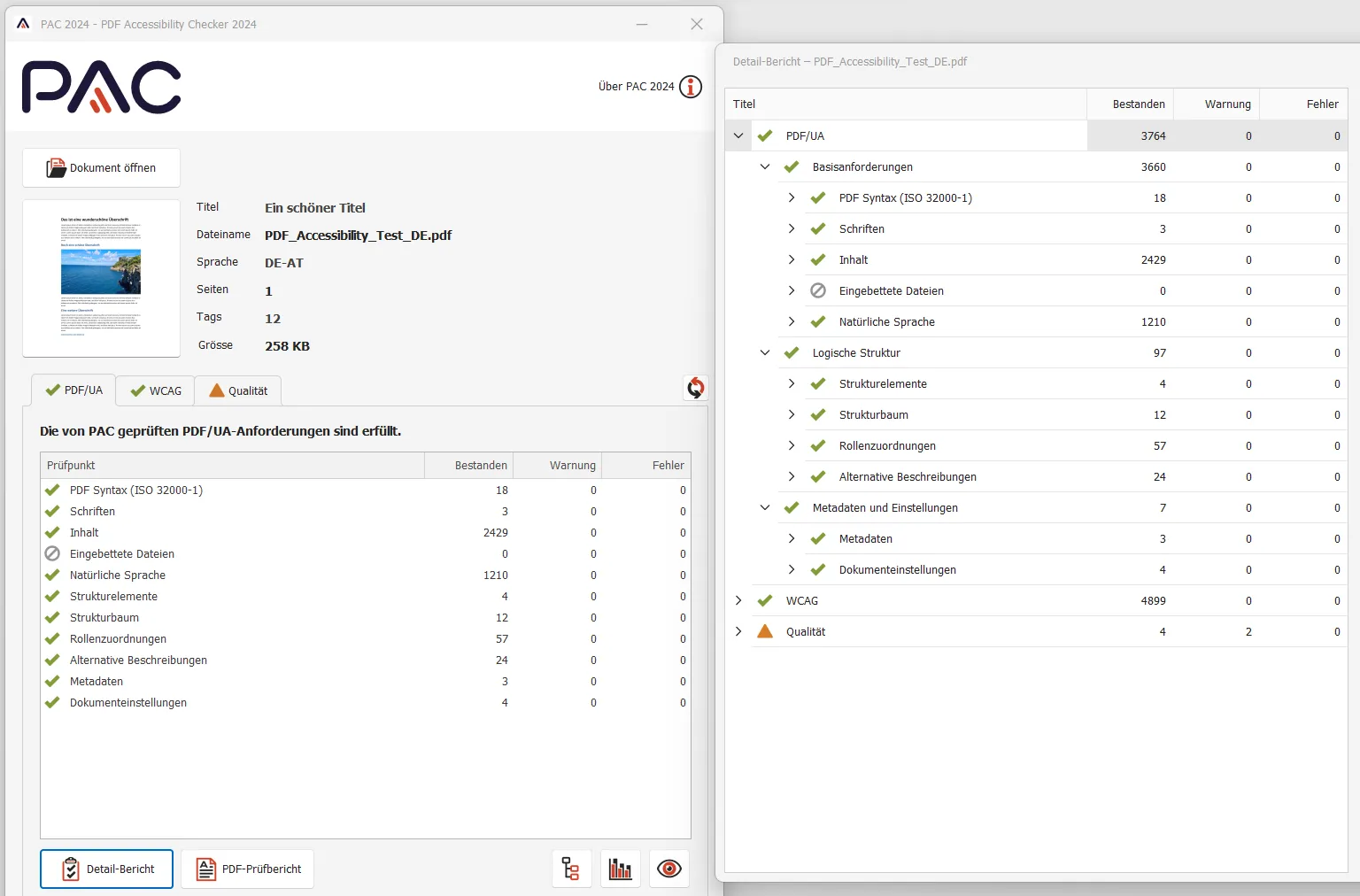 Ergebnis der Barrierefreiheits-Prüfung eines PDF-Dokuments mit dem PAC 2024.