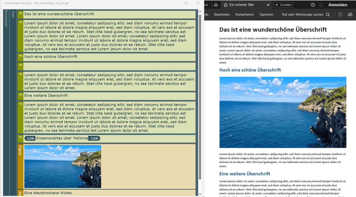 Vergleich der Screenreader-Vorschau mit der visuellen Darstellung des Test-Dokuments.